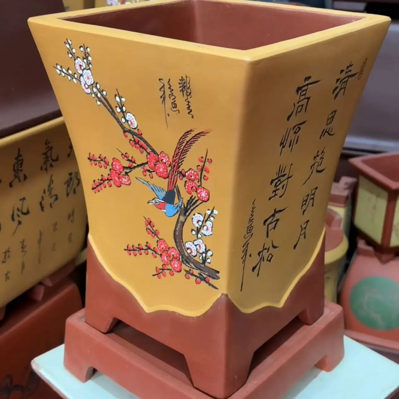 花边四方紫砂花盆带底座 高37（带底座） 宽23cm 