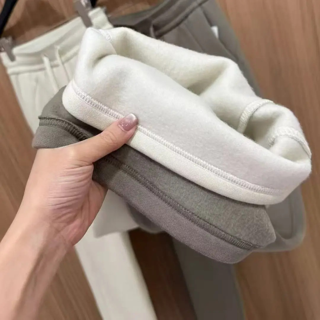 【加绒阔腿卫裤】Scxxx高腰白灰色宽松显瘦直筒加绒女士卫裤秋冬款