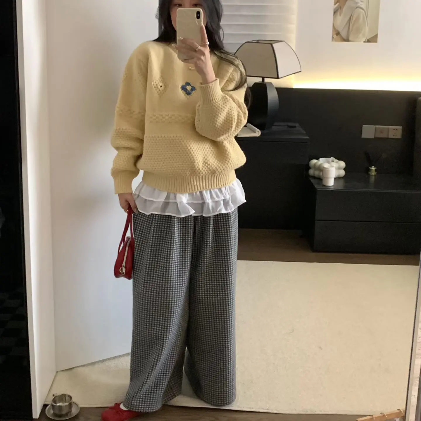 韩系慵懒风花朵刺绣针织衫女秋冬季加厚显瘦宽松百搭毛衣上衣