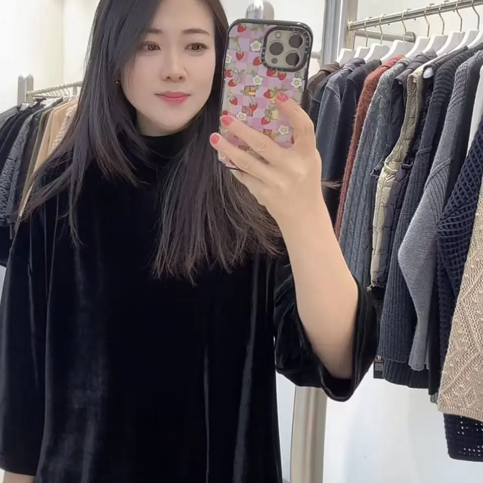 【雅祺YAQI】宽松丝绒中袖T恤高级感百搭上衣