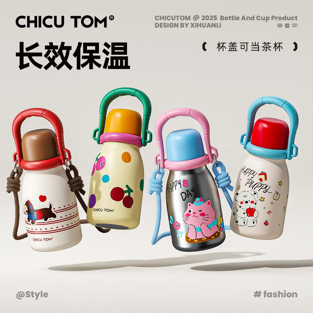 奇古堂高颜值女生保温杯大容量学生吸管斜挎便携防摔大肚喝水杯子