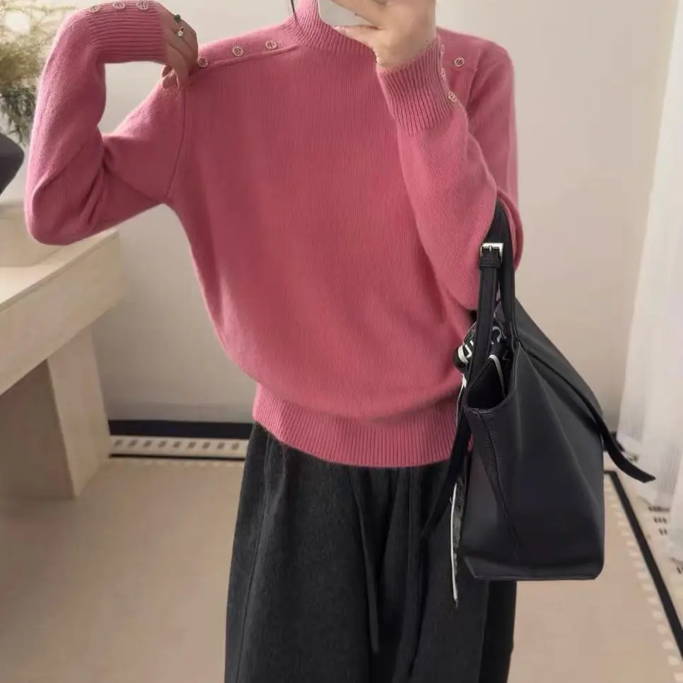 韩版半高领长袖针织毛衣女秋冬新款加厚宽松百搭纯色内搭上衣
