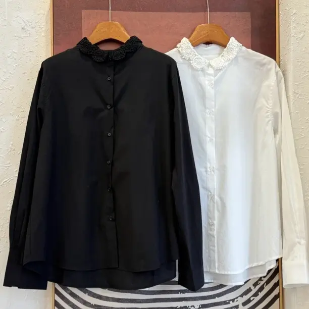 (XINGQIBA)蕾丝拼接Polo领长袖设计感气质衬衣