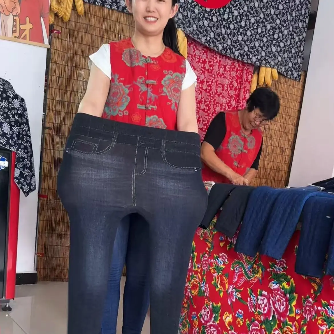 高弹牛仔手工棉花裤