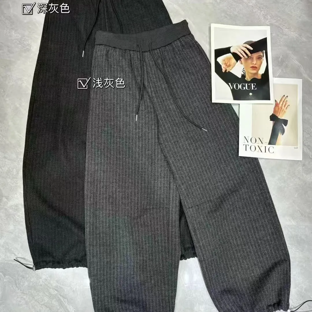7707冬季加绒加厚条纹阔腿裤
