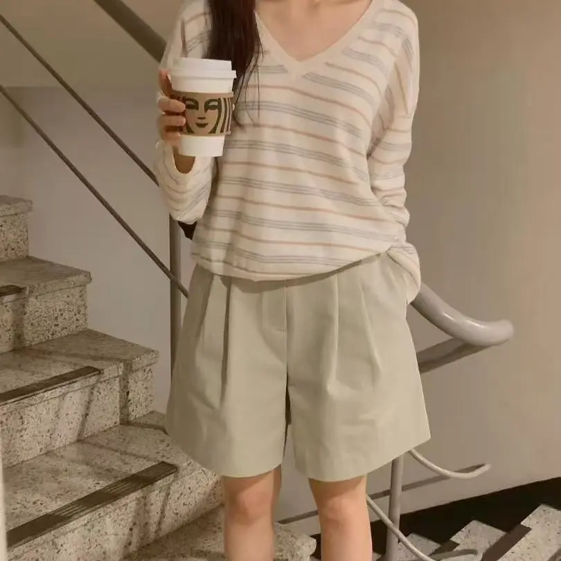 【李羊羊东大门精选】V领条纹针织显瘦韩版百搭简约