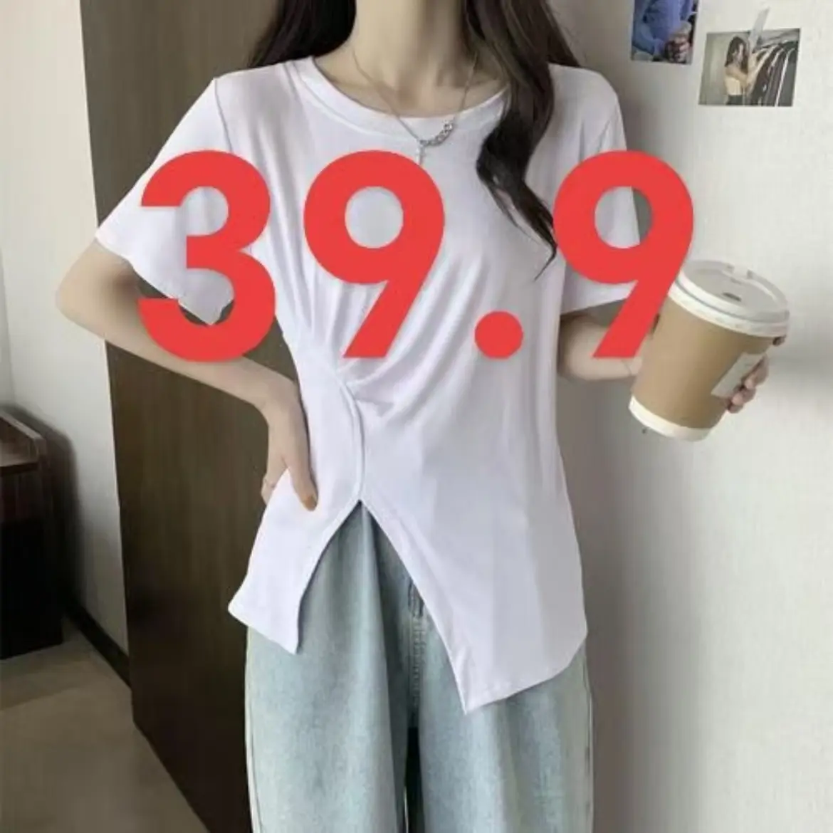 夏季女宽松正肩短袖T恤韩版显瘦百搭不规则开叉小众休闲上衣