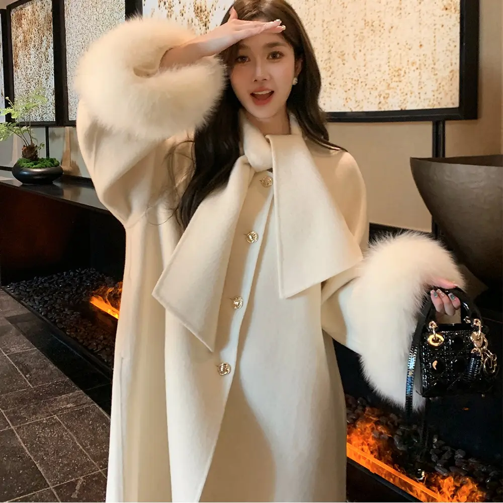 【月光芭蕾】2025气质网红中长款狐狸毛双面大衣秋冬新款毛呢外套