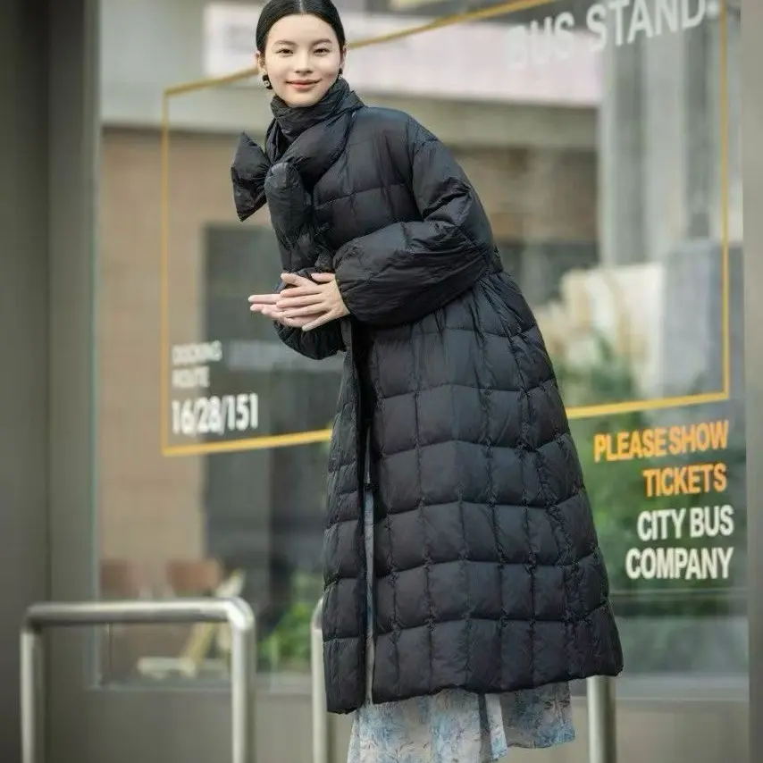 冬季新款宽松羽绒服长款显瘦立领盘扣中长款大码白鸭绒过膝外套