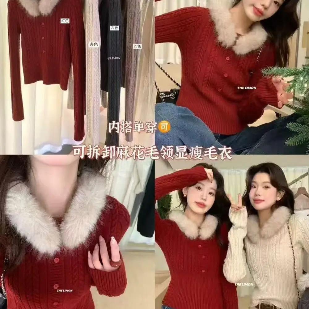 【薇麽麽】可拆卸毛毛领麻花针织衫圆领显瘦百搭冬季内搭