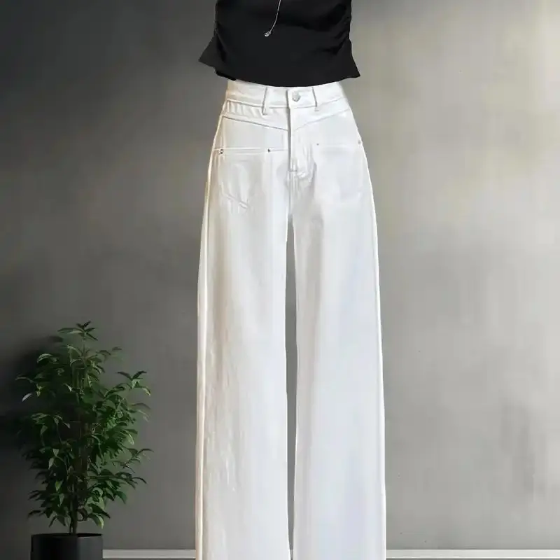 奶白色加绒微喇牛仔裤女秋冬高腰显瘦弹力宽松小个子阔腿喇叭裤