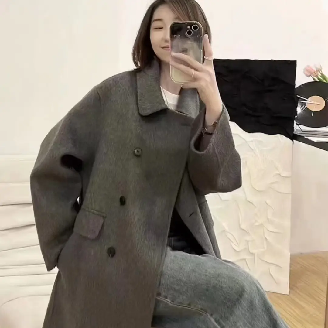 秋冬新款美拉德双面呢大衣女娃娃领宽松韩版显瘦中长款外套