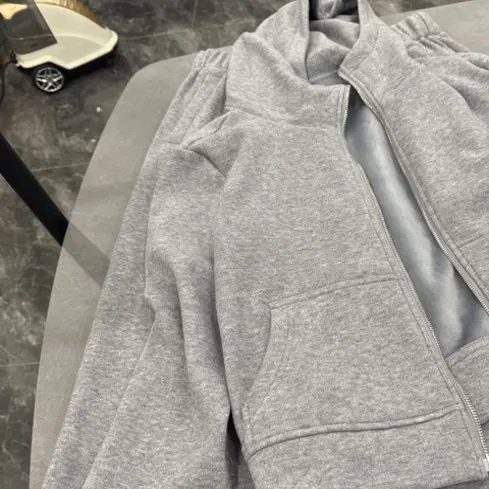 春季时尚连帽拉链纯色卫衣与长裤套装