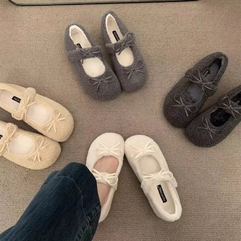 圆圆家 QYZ 7686-19 韩系蝴蝶结加绒保暖内增高圆头毛毛软底棉鞋