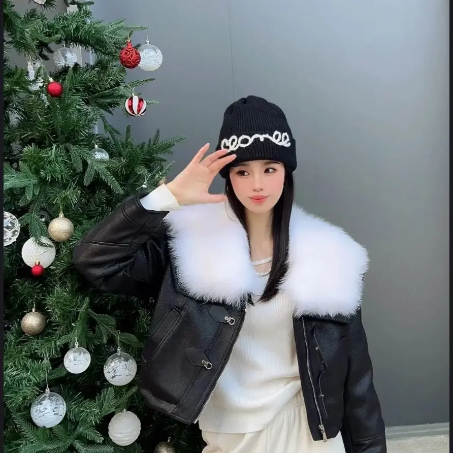2025冬装新款超大狐狸毛领女式飞行员夹克韩版保暖皮羽绒短外套