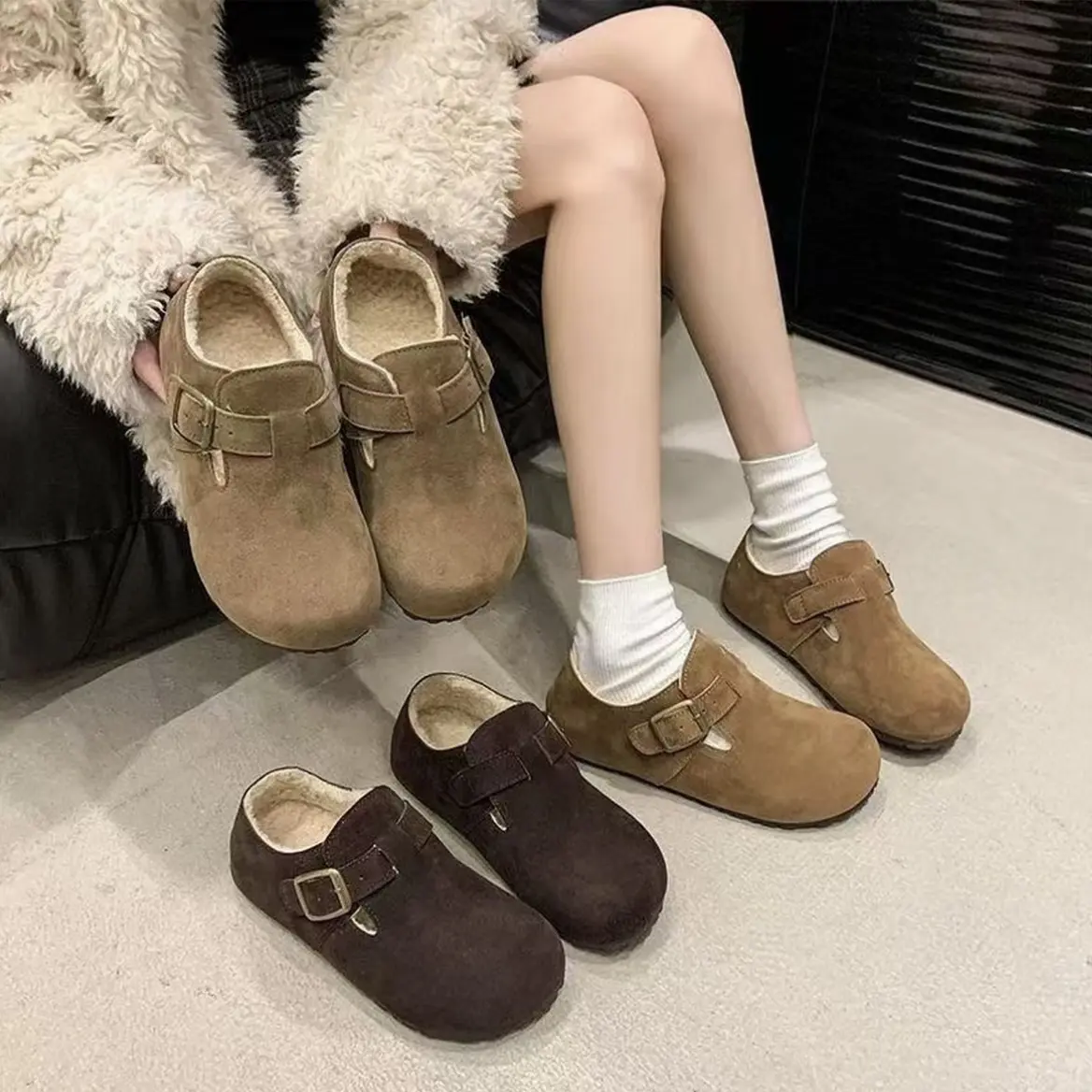 【双怡宸】2025冬季厚底5cm增高加绒全包女款秋冬复古一脚蹬勃肯鞋