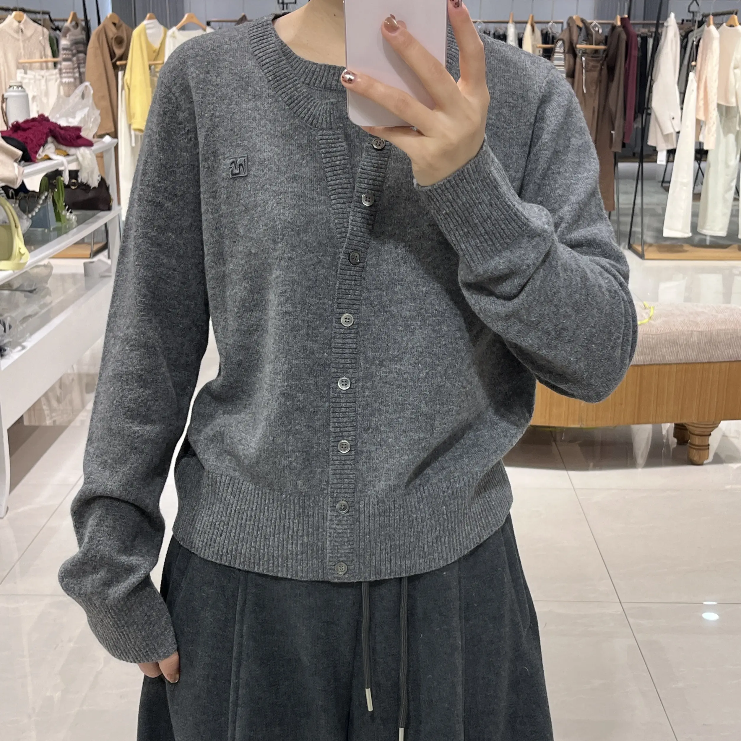 纯假两件开衫女秋冬灰色韩系慵懒风针织衫毛衣外套上衣