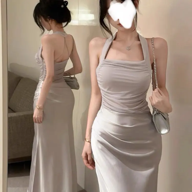 夏季网纱缎面拼接收腰显瘦包臀设计感连衣裙