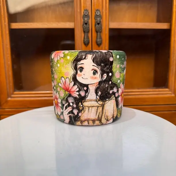 透气手工釉烧手绘红陶卡通多肉花盆口径6.5外高8