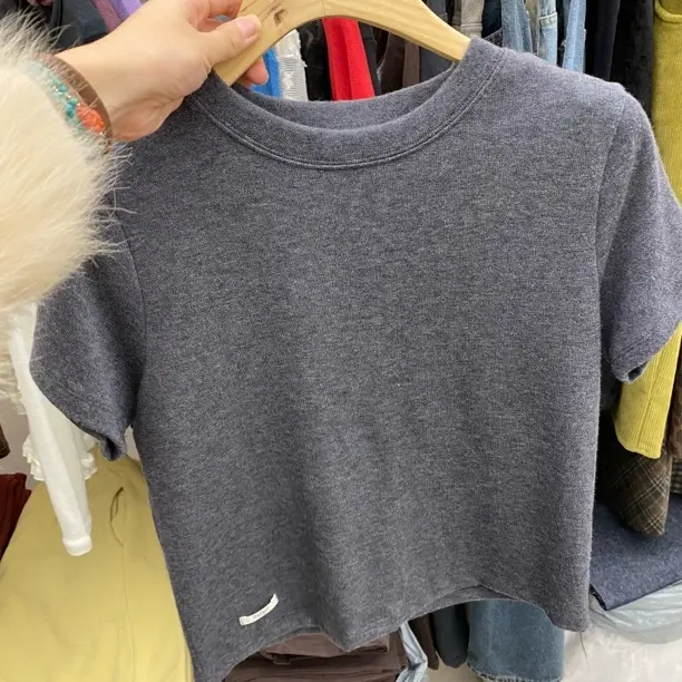 no退no换 东大门代购早春正肩显瘦羊毛磨毛短款百搭短袖T恤