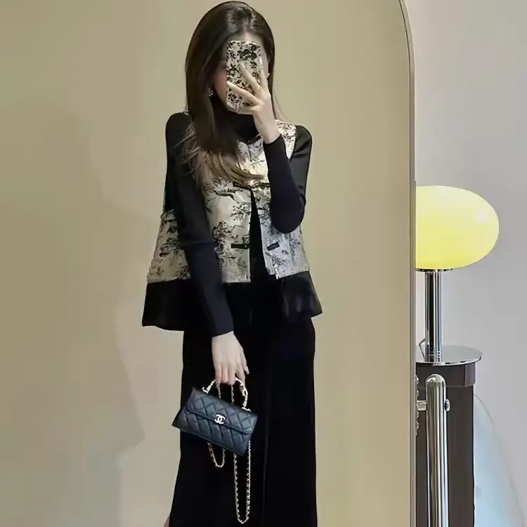 大码胖mm秋冬新中式复古提花立领盘扣百搭马甲毛呢套裙