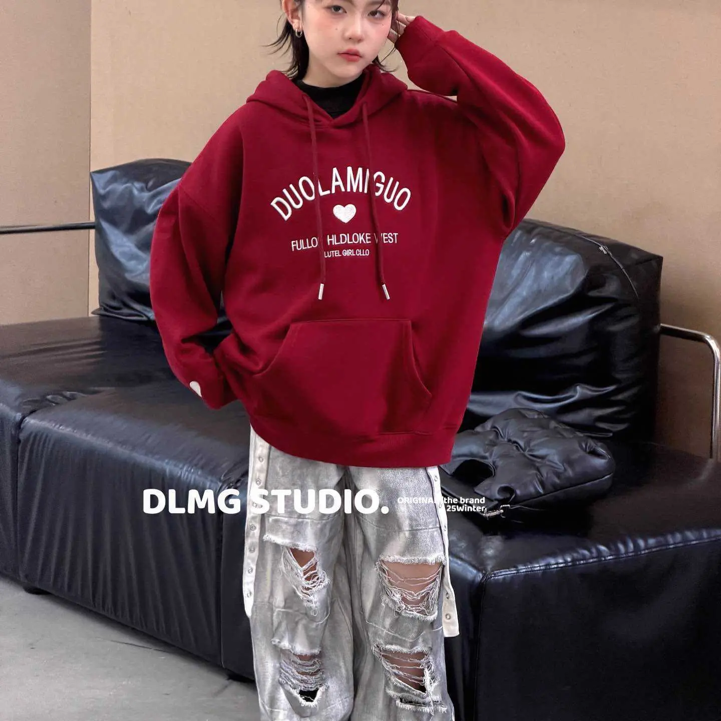 女童韩版连帽加绒卫衣秋冬卡通印花一体绒加厚休闲长袖上衣