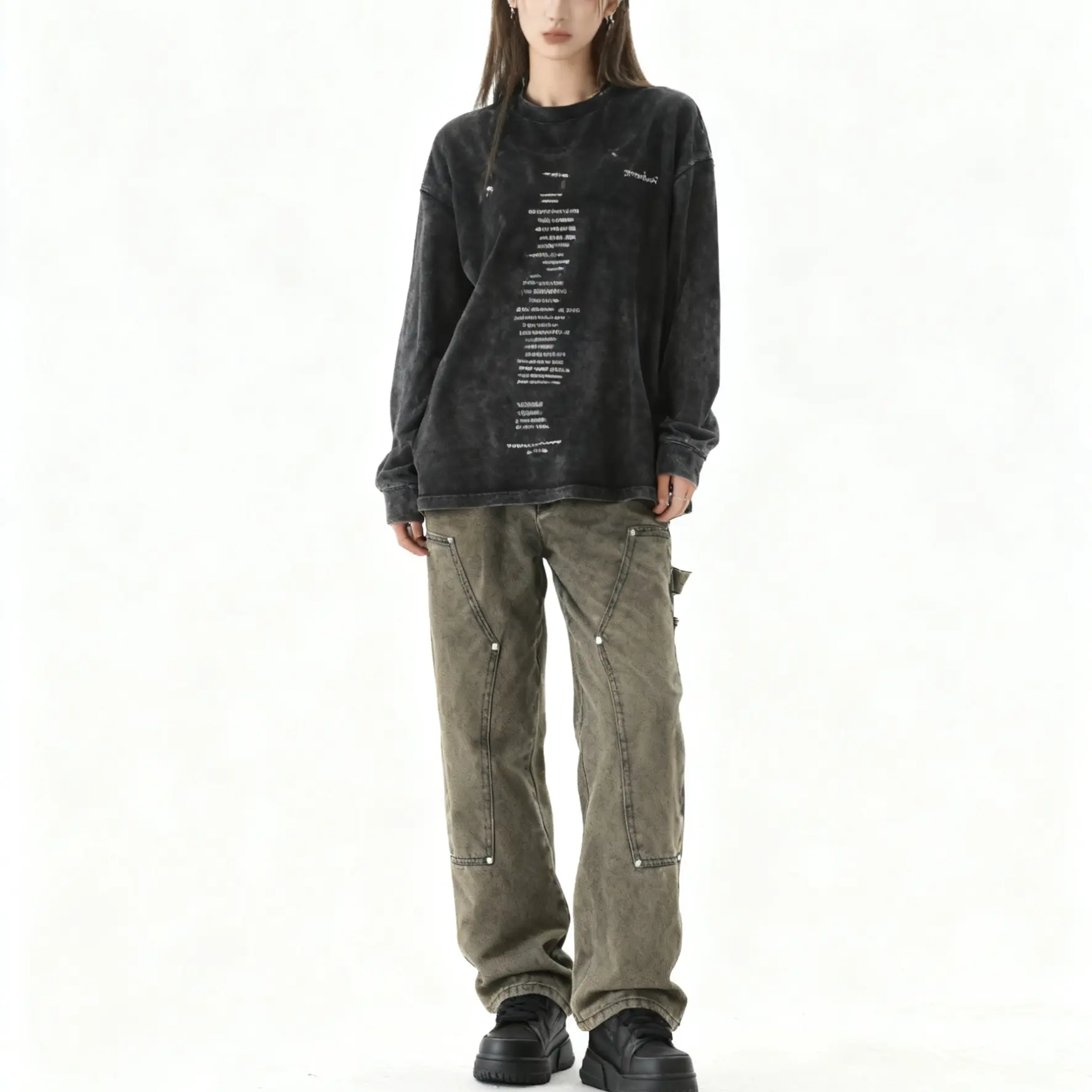 冬厚美式复古工装裤女棕色高街小众宽松直筒裤街头潮流情侣款牛仔