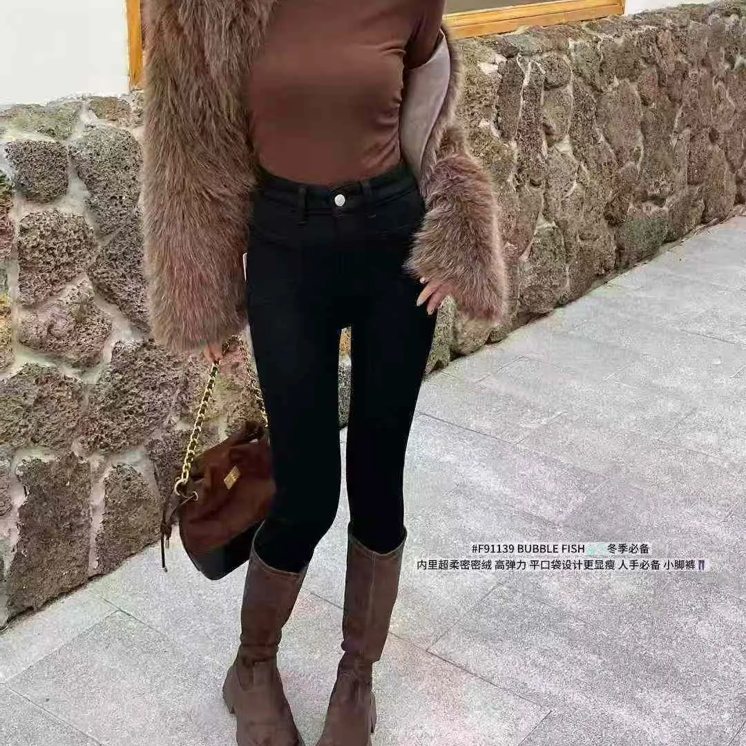 冬季新款韩系高腰加绒加厚显瘦紧身铅笔小脚牛仔裤女修身长裤