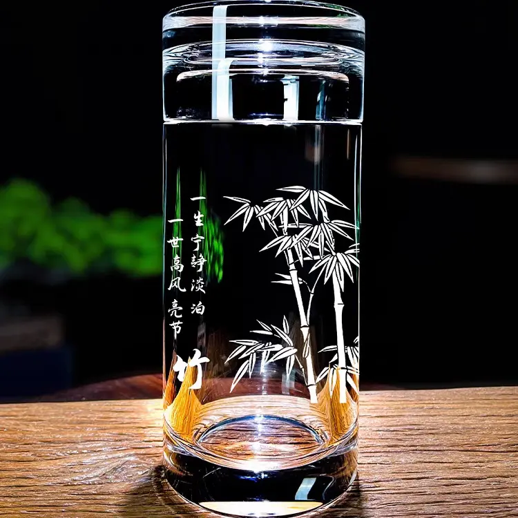 天然原石原矿水晶杯梅兰竹菊刻字直身水晶杯茶具高端茶杯水杯