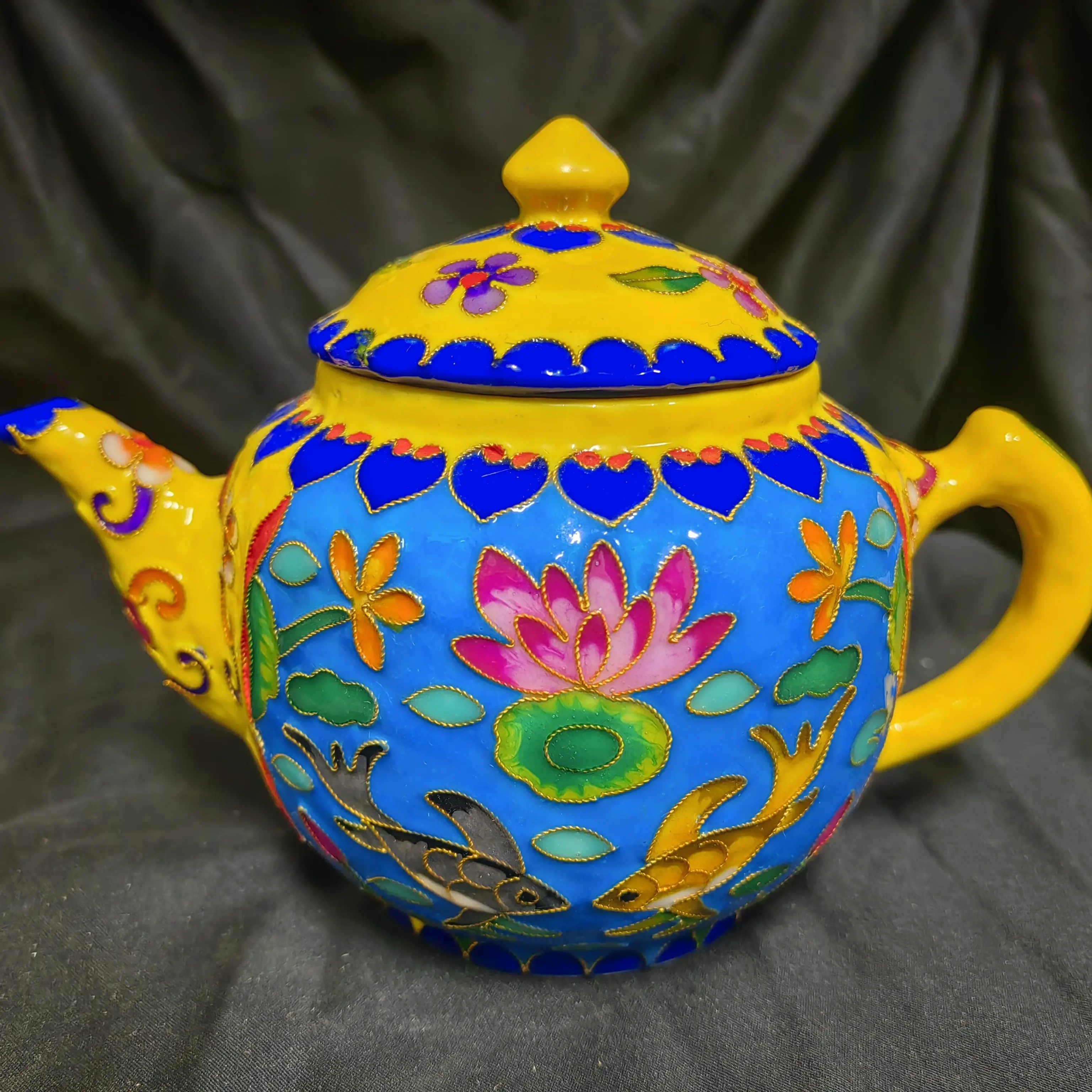 掐丝夜光开窗鱼藻纹茶壶茶具