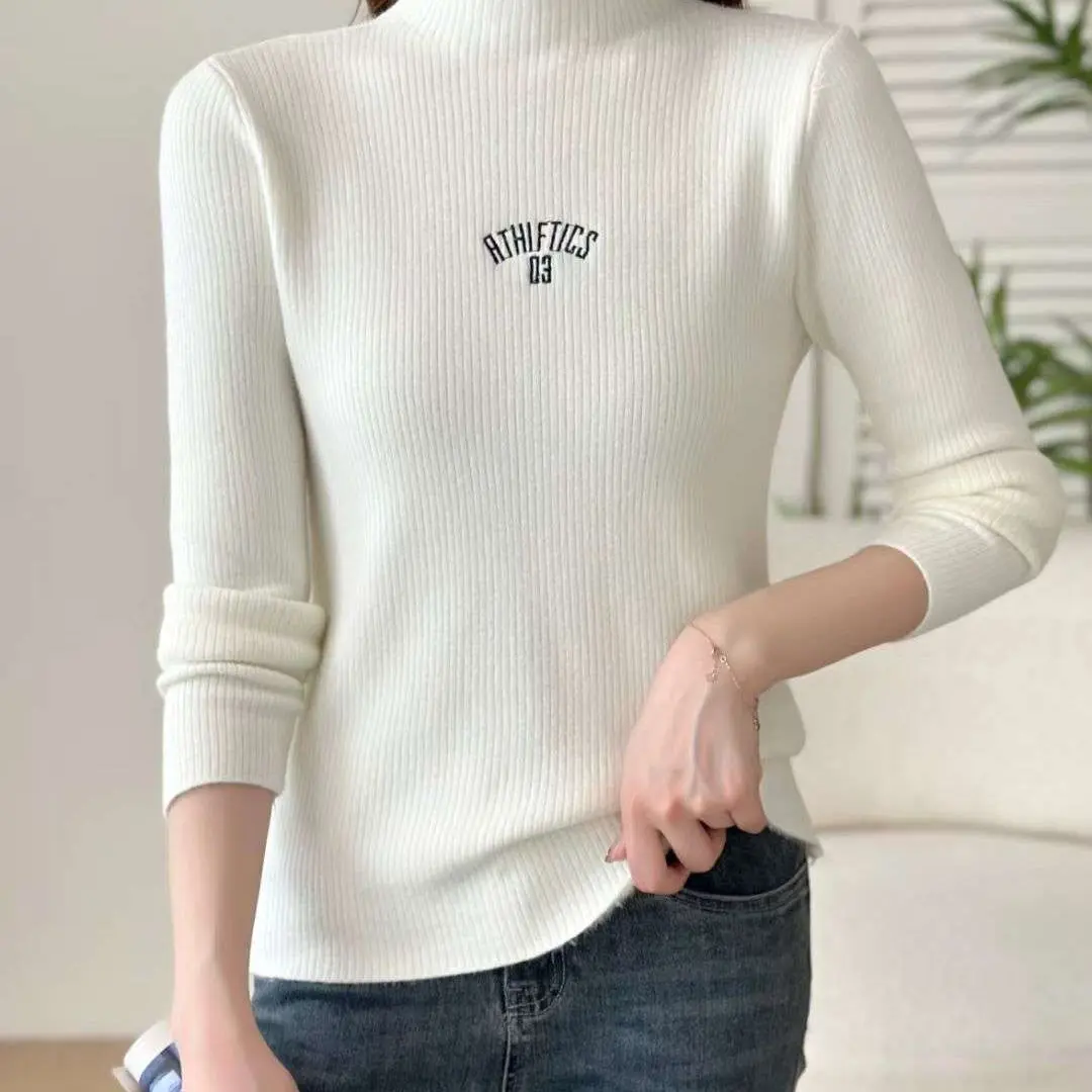 秋冬款白色加绒针织衫女洋气打底衫一体绒加厚内搭半高领针织上衣