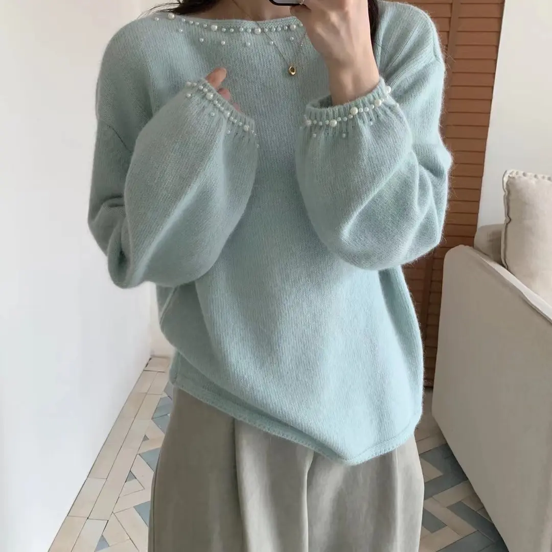 秋冬新款钉珠针织打底衫女内搭慵懒风长袖上衣