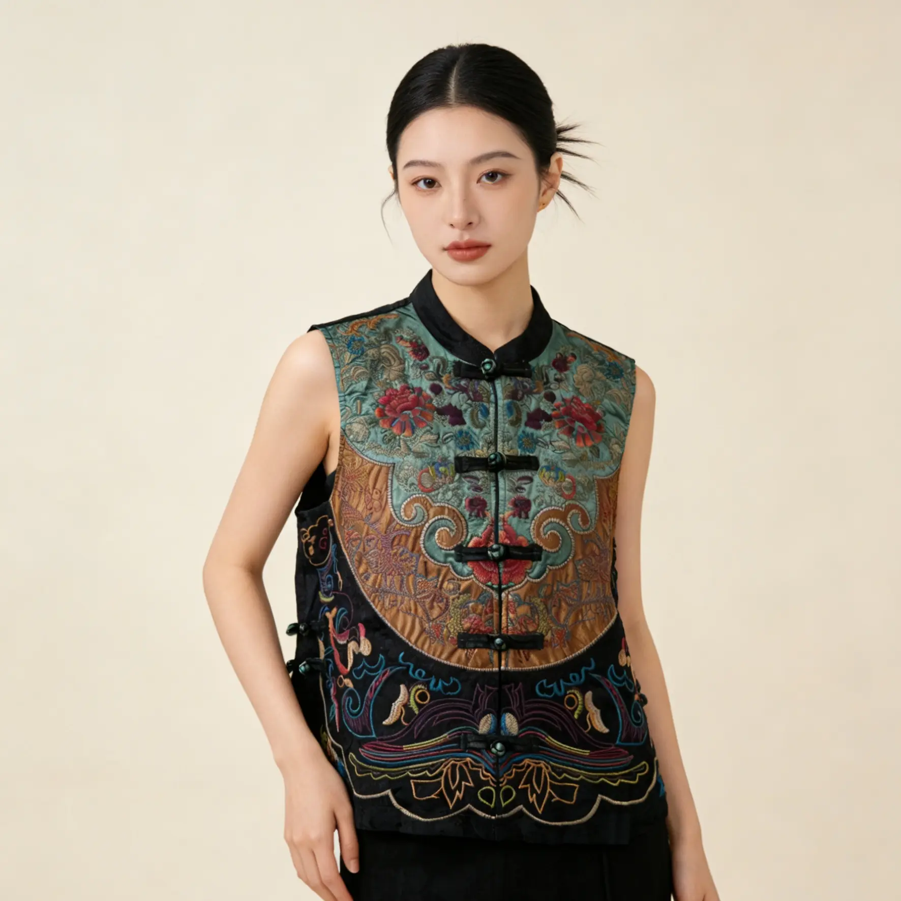 【锦绣国风】四季款老钱风精品重工刺绣民族风立领盘扣短款马甲女