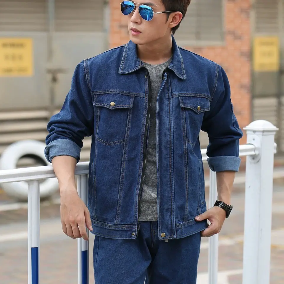 秋冬双层牛仔翻领加厚牛仔工作服套装男耐磨防烫电工劳保服厂服