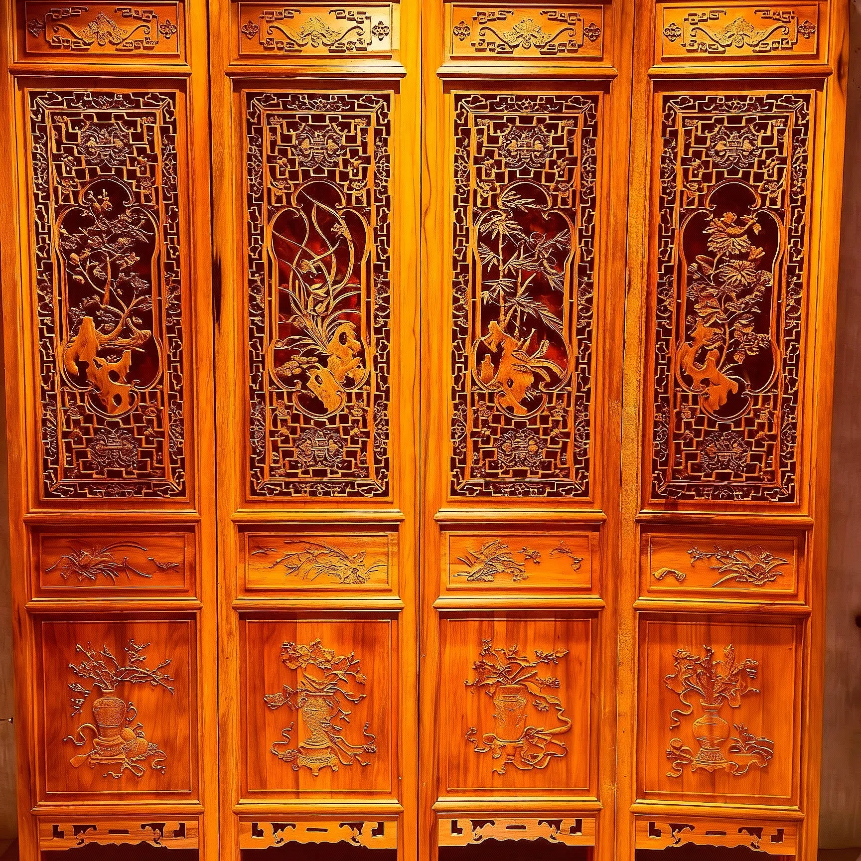 中式仿古木雕屏风梅兰竹菊折屏边框实木做旧成品尺寸长