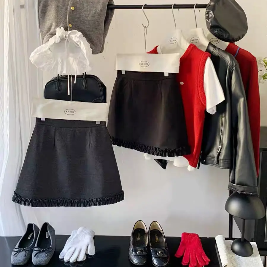 发财菜新款日系女装高腰木耳边毛呢A字半身裙显瘦百搭短裙