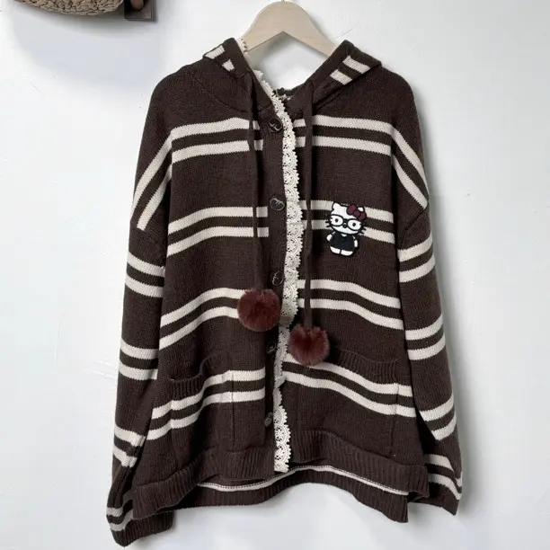 日系连帽条纹慵懒风加厚宽松百搭毛衣外套胸142长60