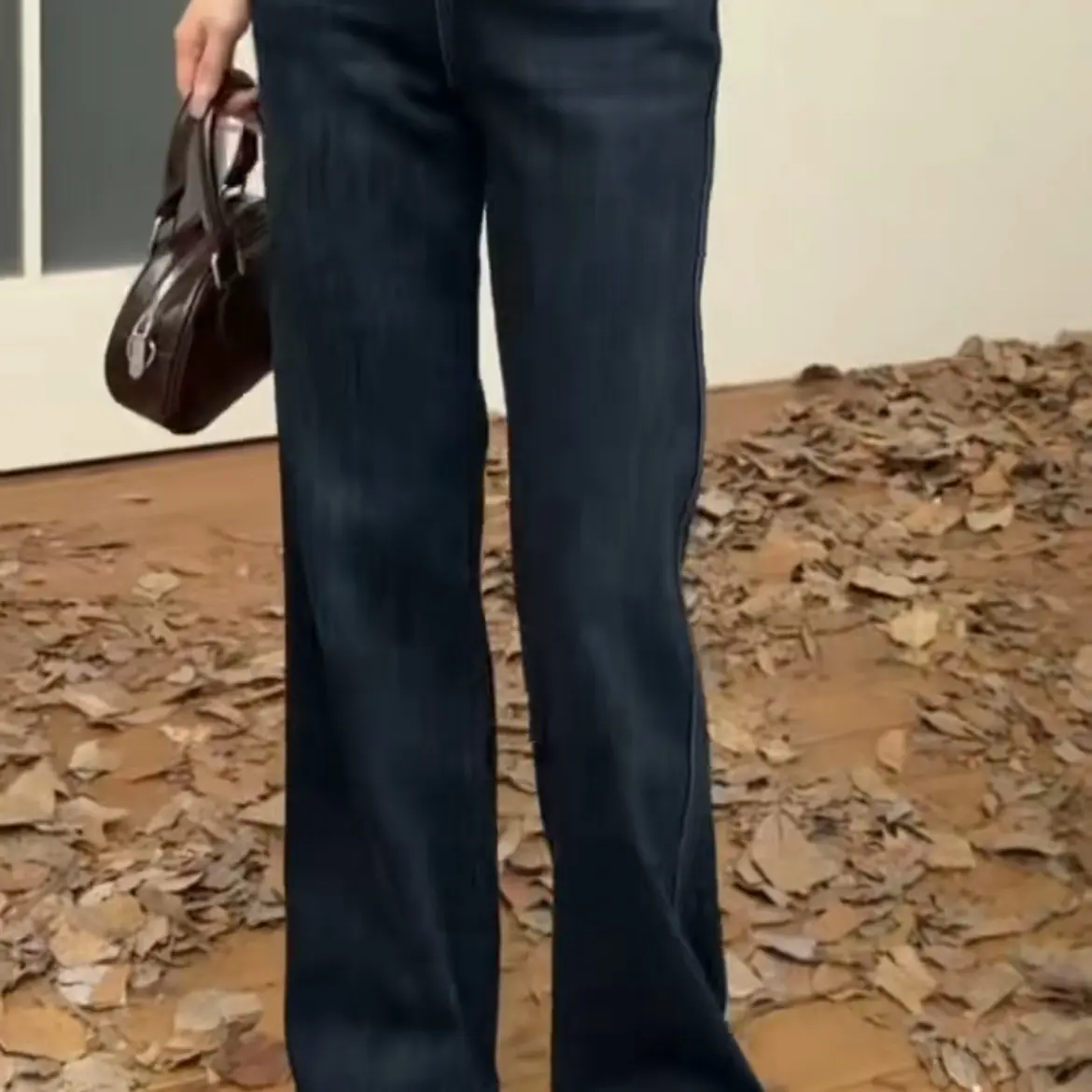 深蓝色加绒加厚高腰牛仔阔腿裤女秋冬季显瘦不贴腿垂感阔腿裤子