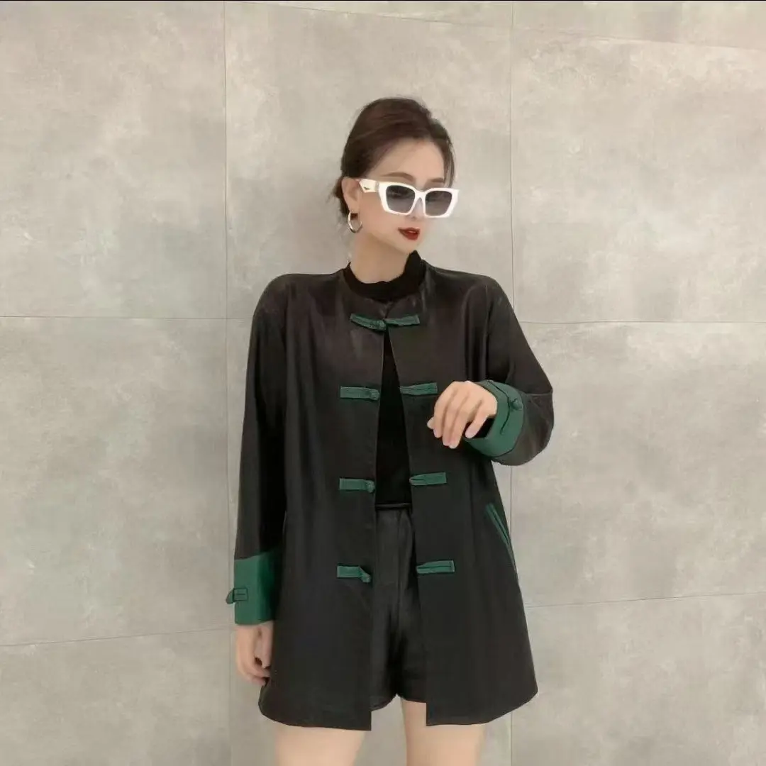 2366新中式拼接撞色国风皮衣外套