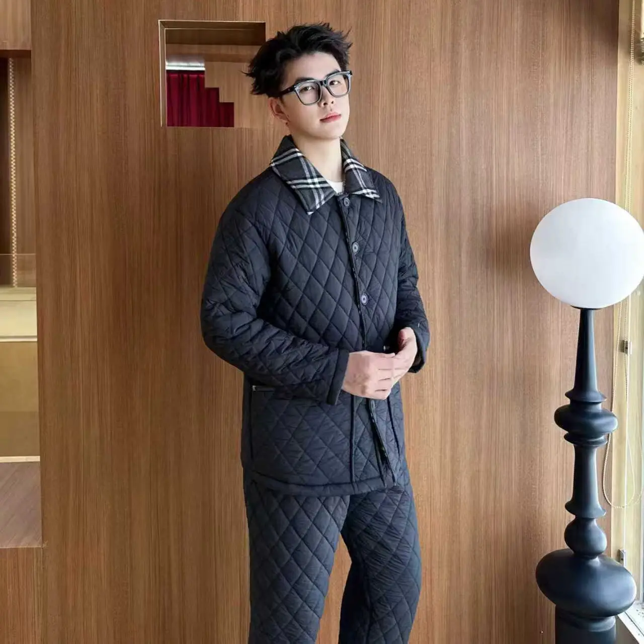 原沐冬季新款三层夹棉加绒加厚男士保暖可外穿家居服套装