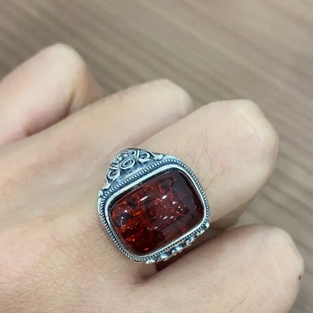 925银金刚杵血珀戒指