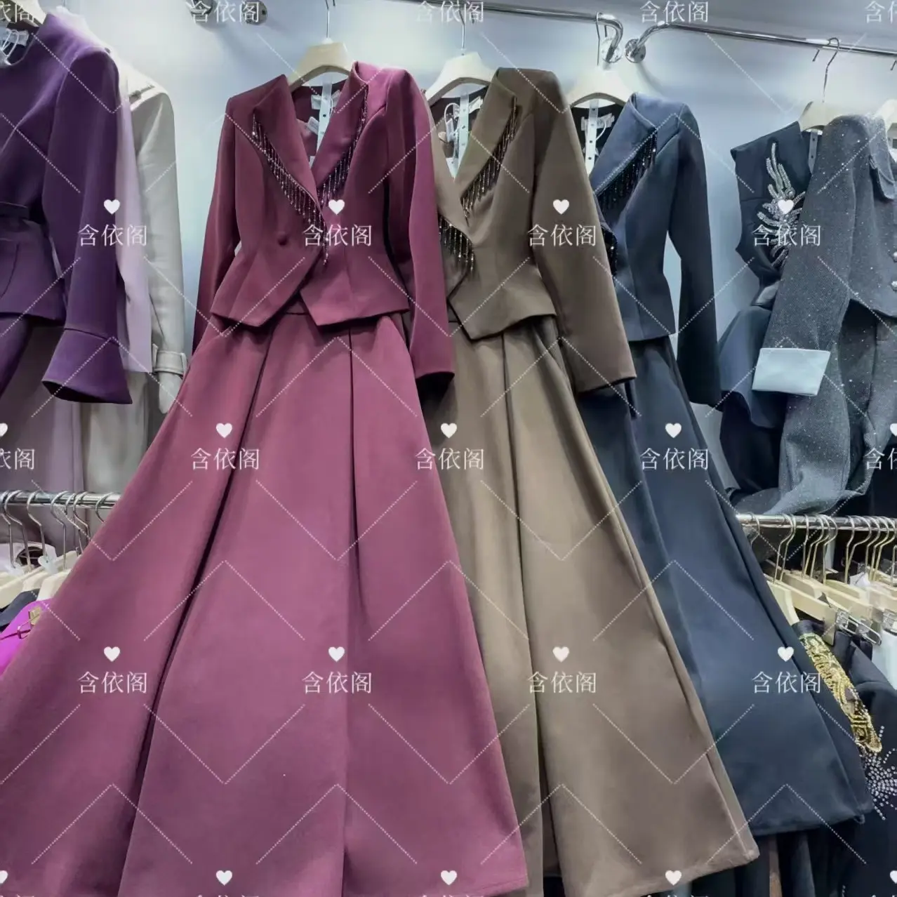 贵族千金风显瘦中长款毛呢西装外套与半身伞裙套装