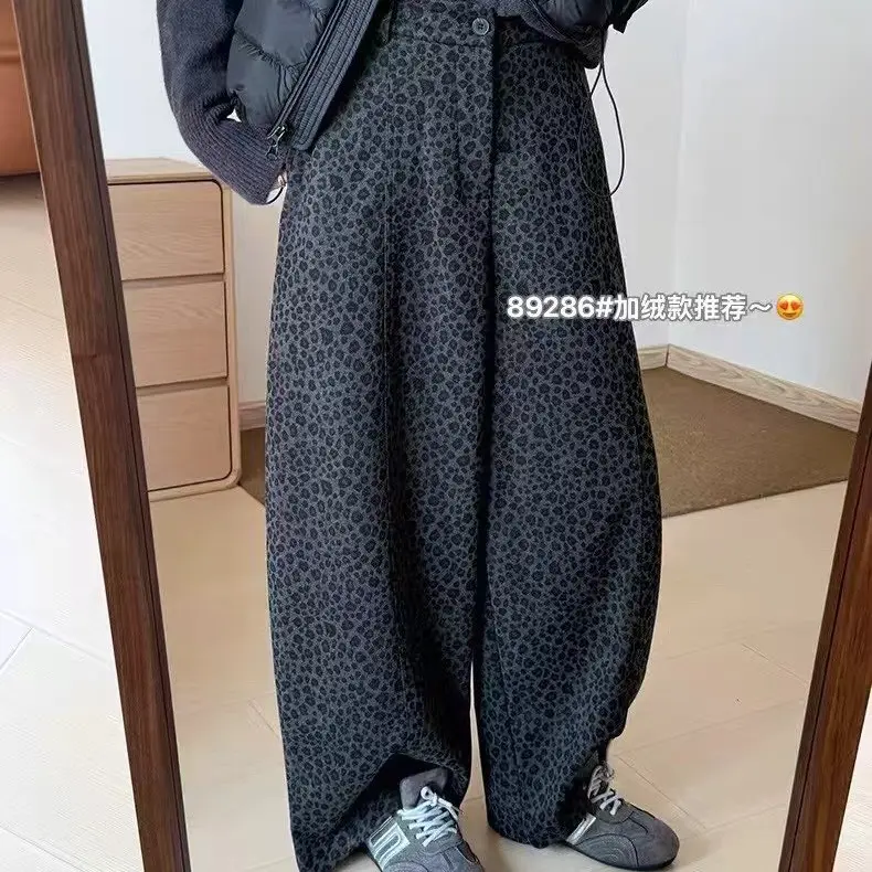 L812冬季加绒加厚高腰显瘦休闲豹纹弯刀长裤女