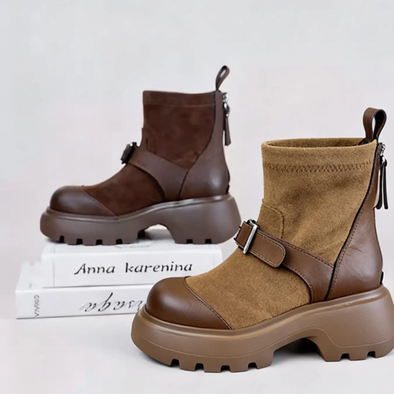 高蒂 新款圆头厚底粗高跟女士马丁短靴子 52131-809