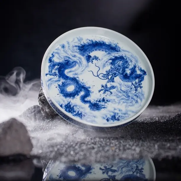 钟家窑柴窑青花水墨玄龙雕刻高档壶承