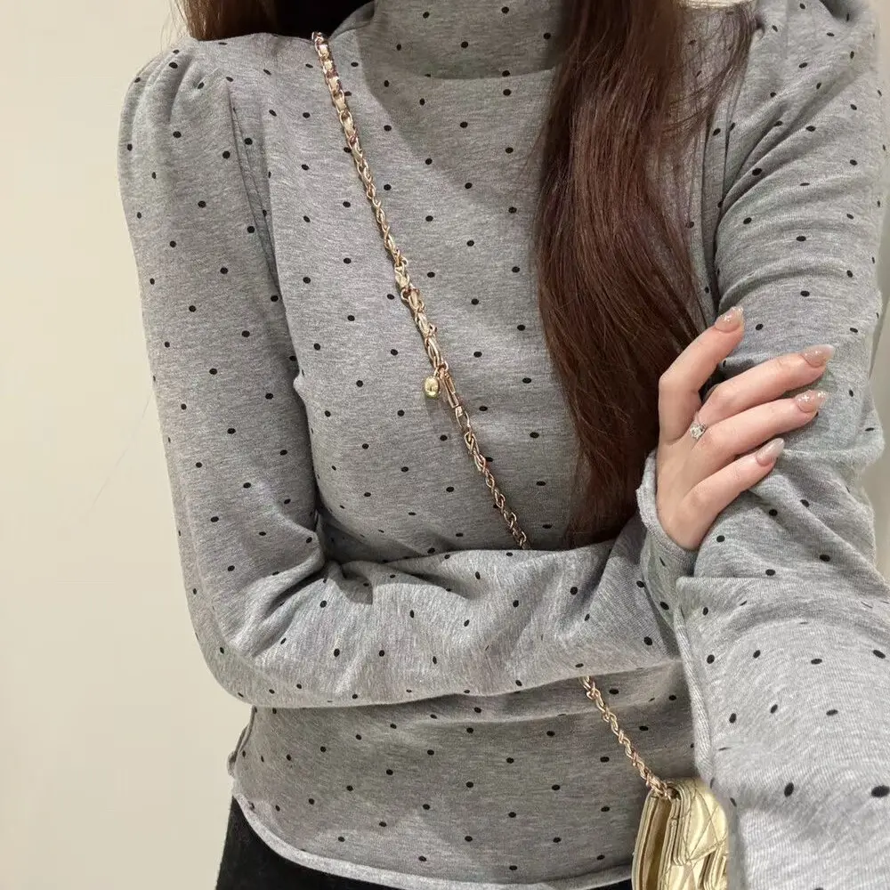 可爱严选●波点半高领加绒泡泡袖T恤女秋冬百搭修身木耳边上衣内搭