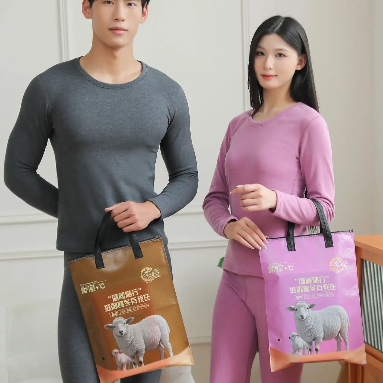 男女通用圆领加厚磨绒加绒保暖内衣套装适合秋冬季