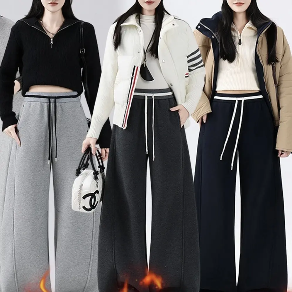 冬季加绒加厚高腰显瘦弯刀阔腿裤女休闲百搭保暖长裤