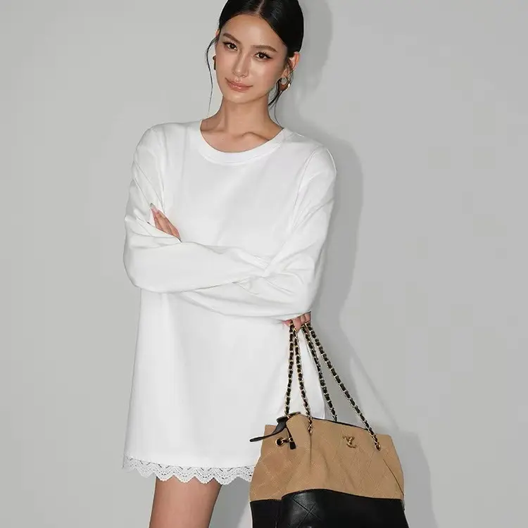 女士长款圆领不规则蕾丝T恤百搭抗起球长袖宽松白色