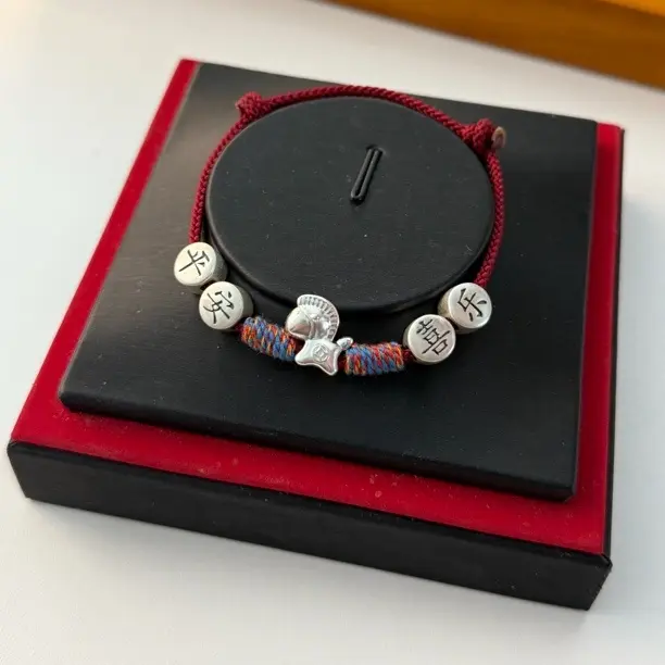 足银手链 原创红绳-平安喜乐马到成功编织红绳可调节情侣闺蜜款